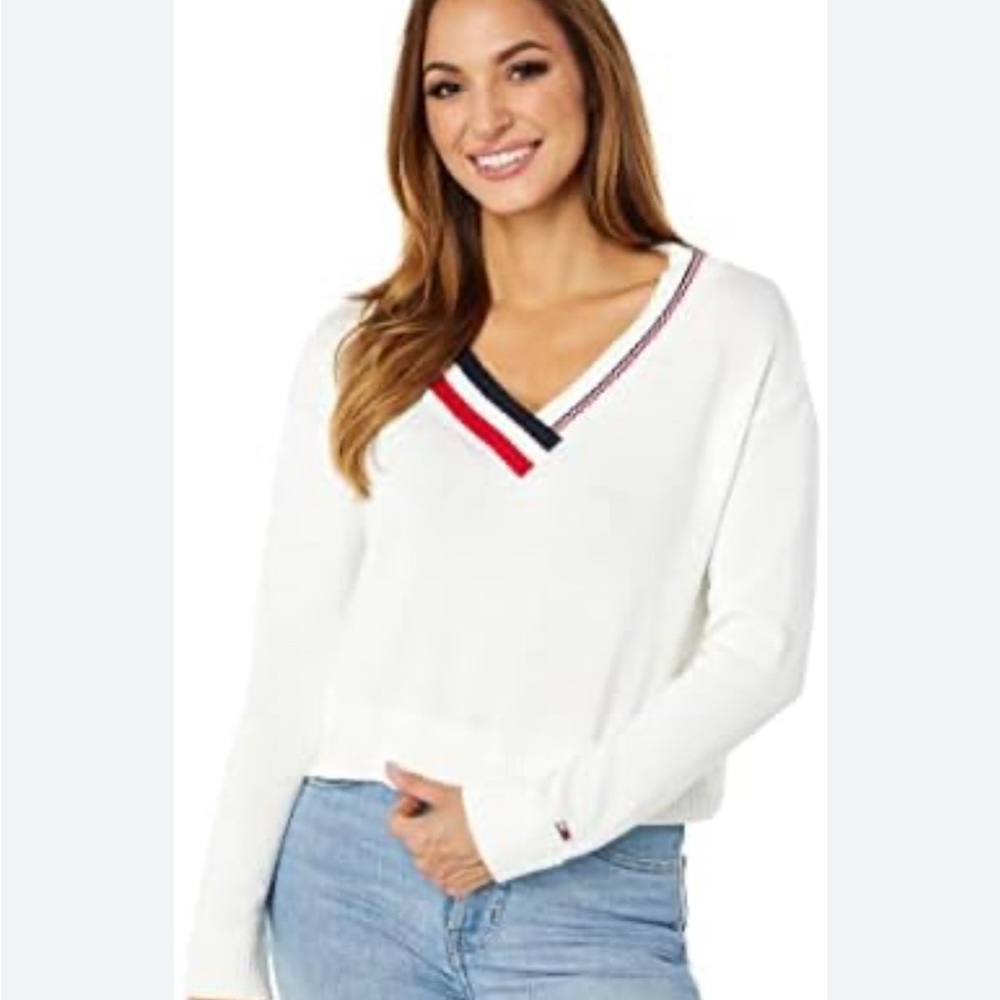 Tommy Hilfiger Cream V-Neck Sweater with Red and Blue Trim